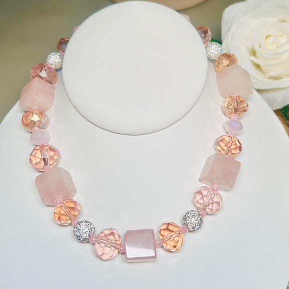 Gorgeous Vintage Natural Rose Quartz Faceted Pink Bead and Pavé Crystal Necklace
